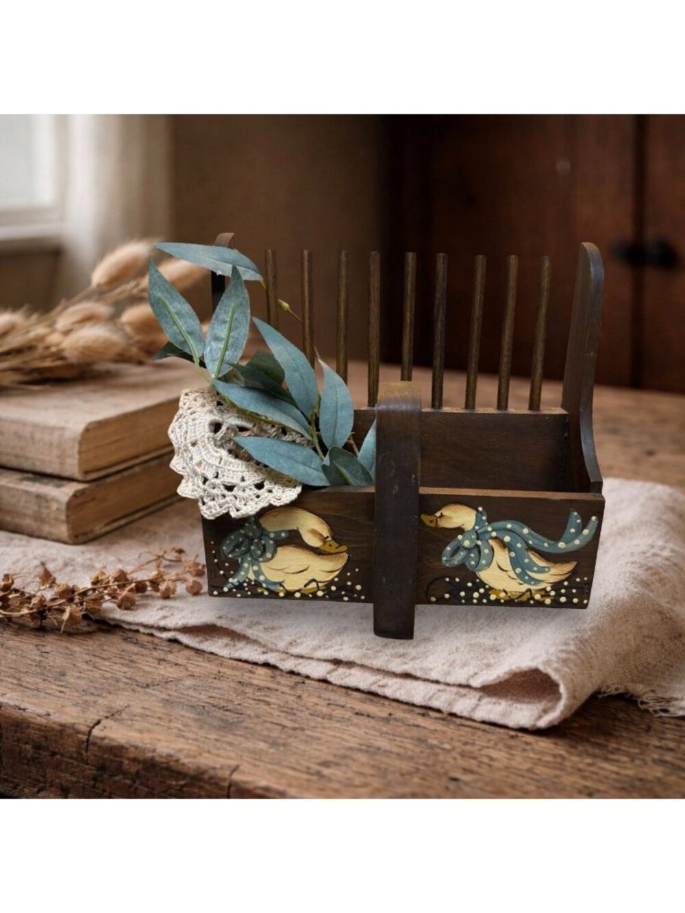 Blue Ribbon Goose Wooden Berry Basket Scoop Handmade Folk Art Primitive Country